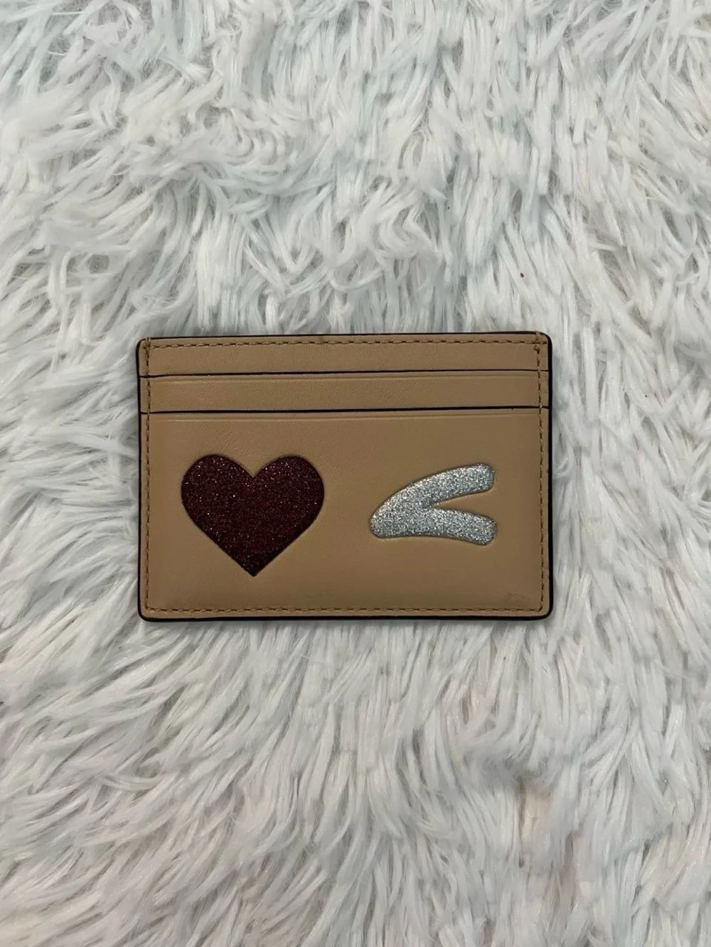 COACH Tan Card Holder with Red Heart and Silver Wink Accent